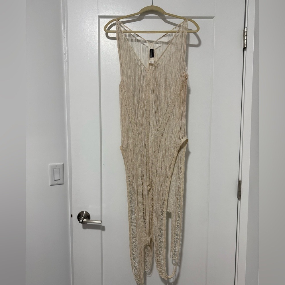 Michaela USA Metallic Fringe Knit V-Neck Cover Up Dress Cream Boho Festival OS